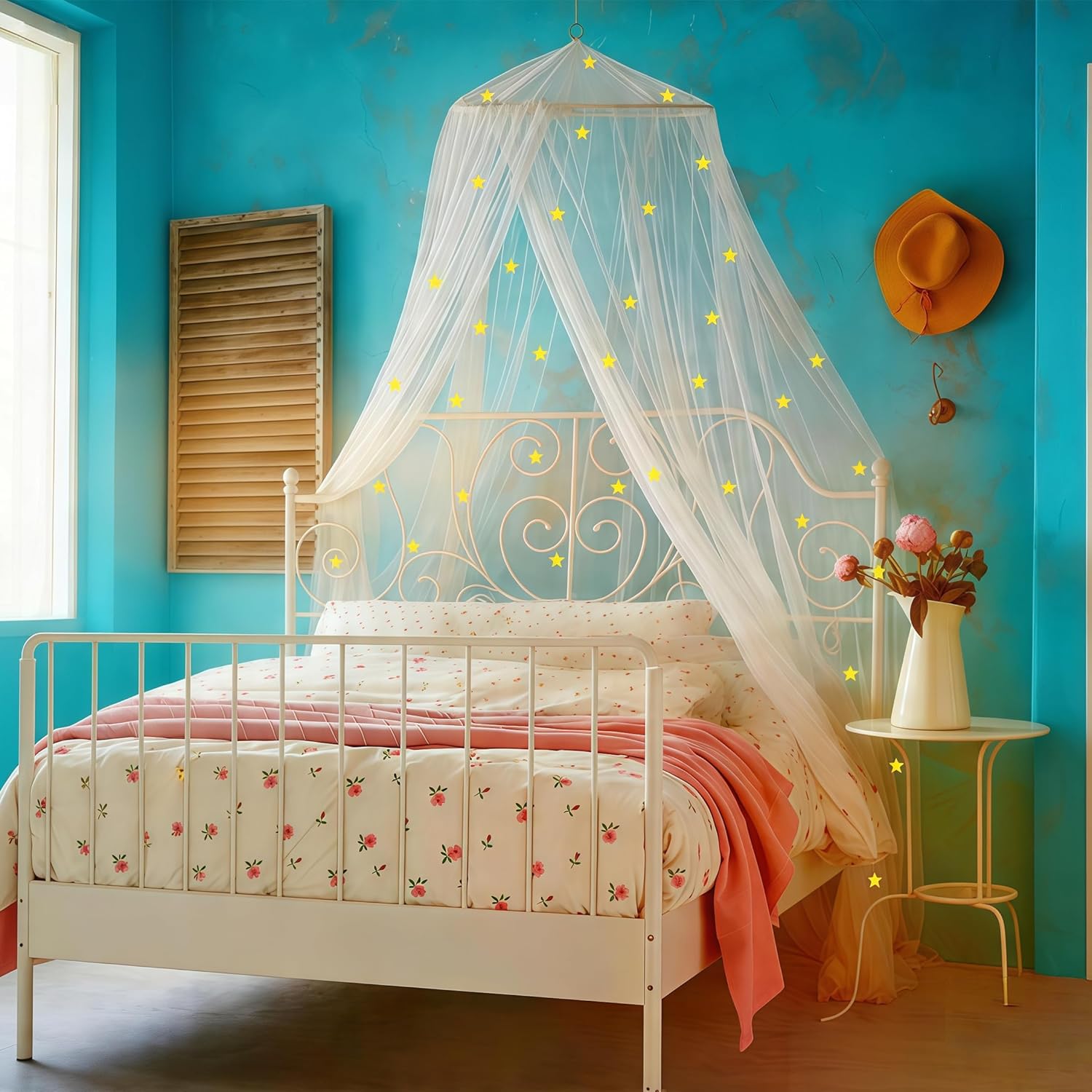 Bed Canopy for Girls Mosquito Net, Princess Bed Canopy for Girls Room Decor - Insect Protection Hanging Canopy for Indoor(Pink,Stars Glow in the Dark)