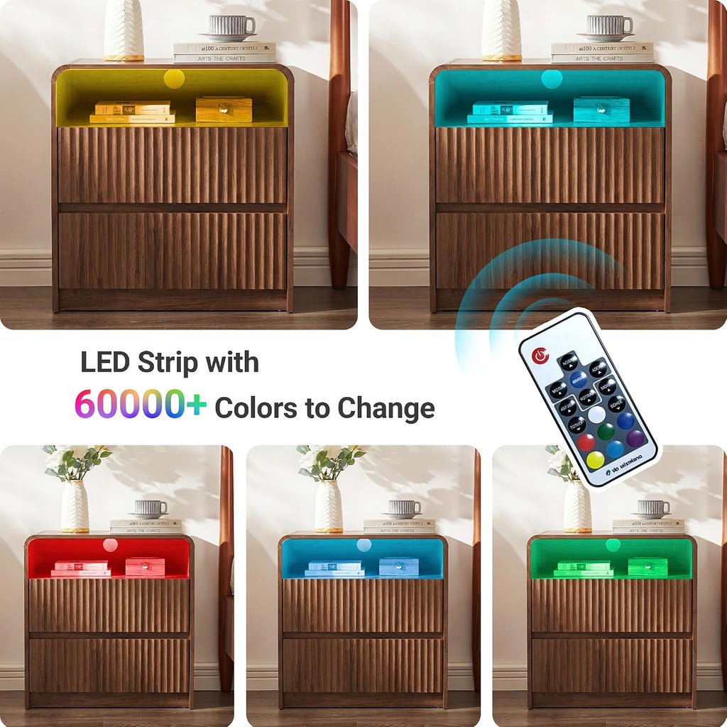Seang Nightstand Set of 2,Fluted Nightstand with Charging Station & LED Light,Wooden Bedside Table with Curved Profile Design,2 Drawers Storage,Large End Table for Bedroom,Walnut