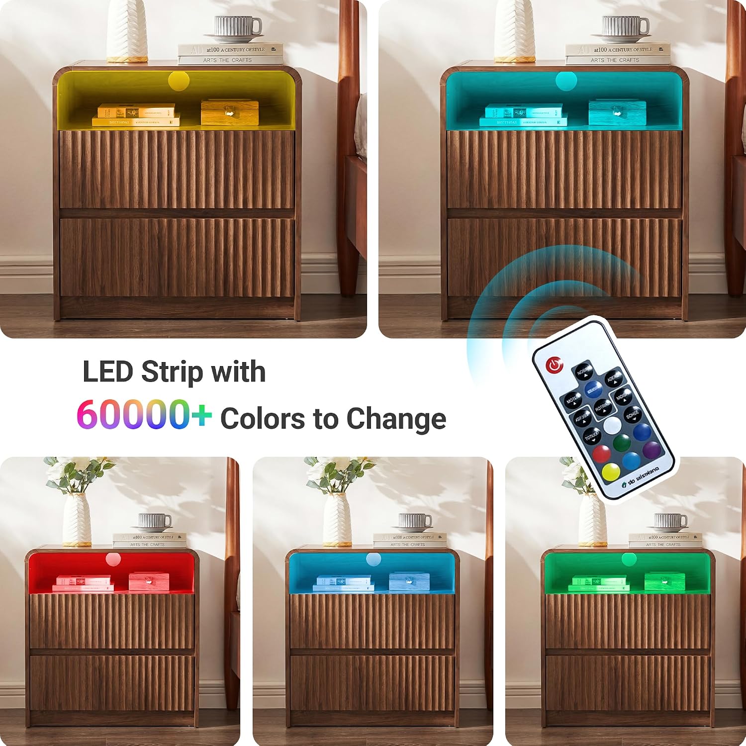 Seang Nightstand Set of 2,Fluted Nightstand with Charging Station & LED Light,Wooden Bedside Table with Curved Profile Design,2 Drawers Storage,Large End Table for Bedroom,Walnut