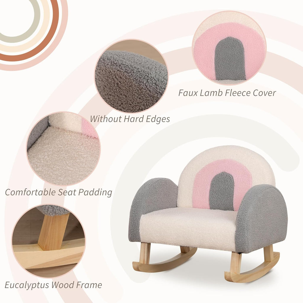 Qaba Kids Sofa, Toddler Rocking Chair with Solid Wooden Frame, Faux Lamb Fleece Fabric, Kids Arm Chair for Nursery or Playroom, Ages 18-36 Months, Gray