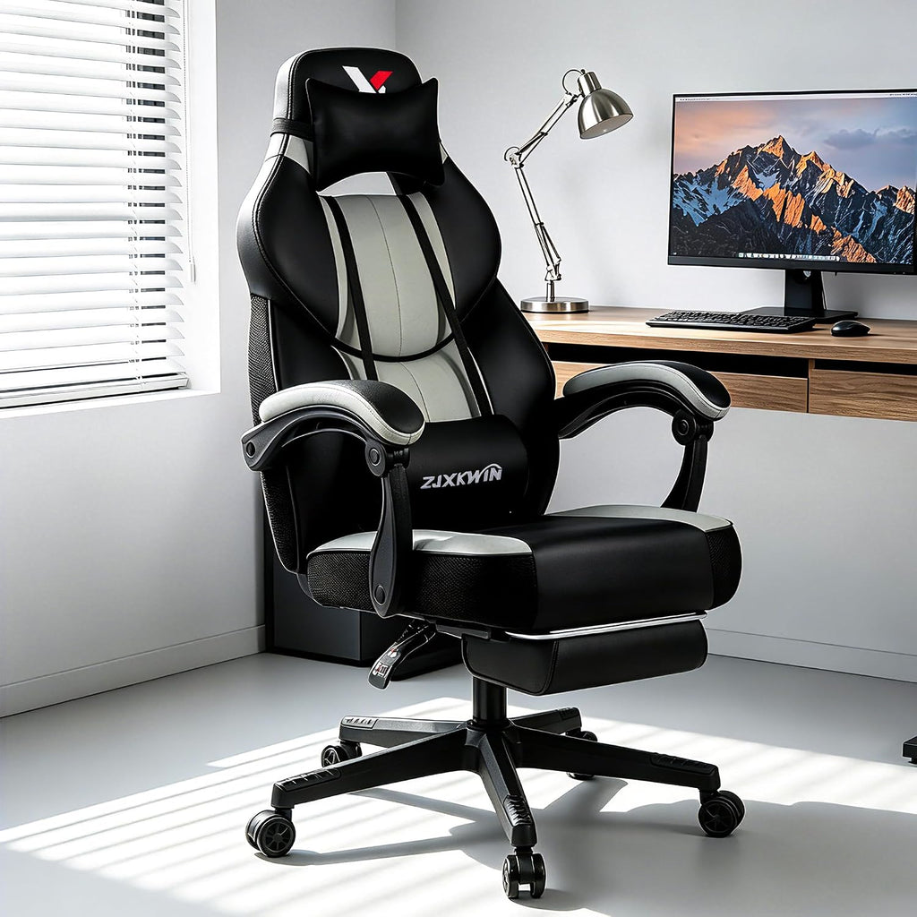Big and Tall Gaming Chair,400lbs Heavy Duty Office Chair with Footrest, PU Leather High Back PC Desk Chair, Linkage Armrests & Reinforced Steel Frame,Grey