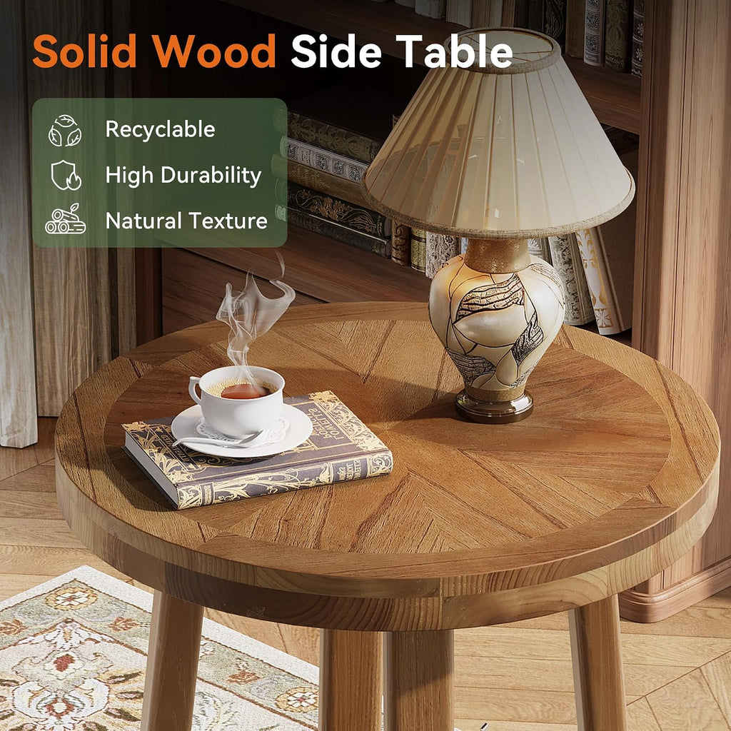 Solid Wood Side Table for Living Room, Small Round End Table with 2-Tier Storage, Farmhouse Wooden Circle Bedside Nightstand for Small Spaces, Bedroom, Brown