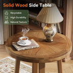 Solid Wood Side Table for Living Room, Small Round End Table with 2-Tier Storage, Farmhouse Wooden Circle Bedside Nightstand for Small Spaces, Bedroom, Brown