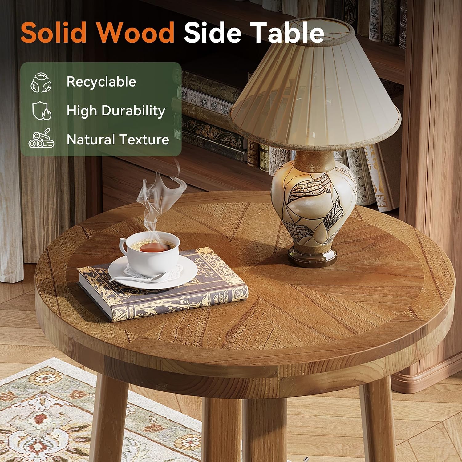 Solid Wood Side Table for Living Room, Small Round End Table with 2-Tier Storage, Farmhouse Wooden Circle Bedside Nightstand for Small Spaces, Bedroom, Brown