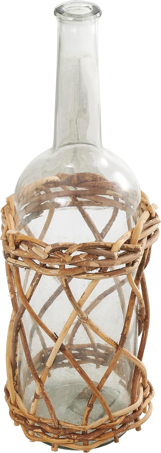 Deco 79 Glass Handmade Decorative Vase Tall Centerpiece Vase with Brown Rattan Woven Lower Body, Flower Vase for Home Decoration 8" x 8" x 23", Clear