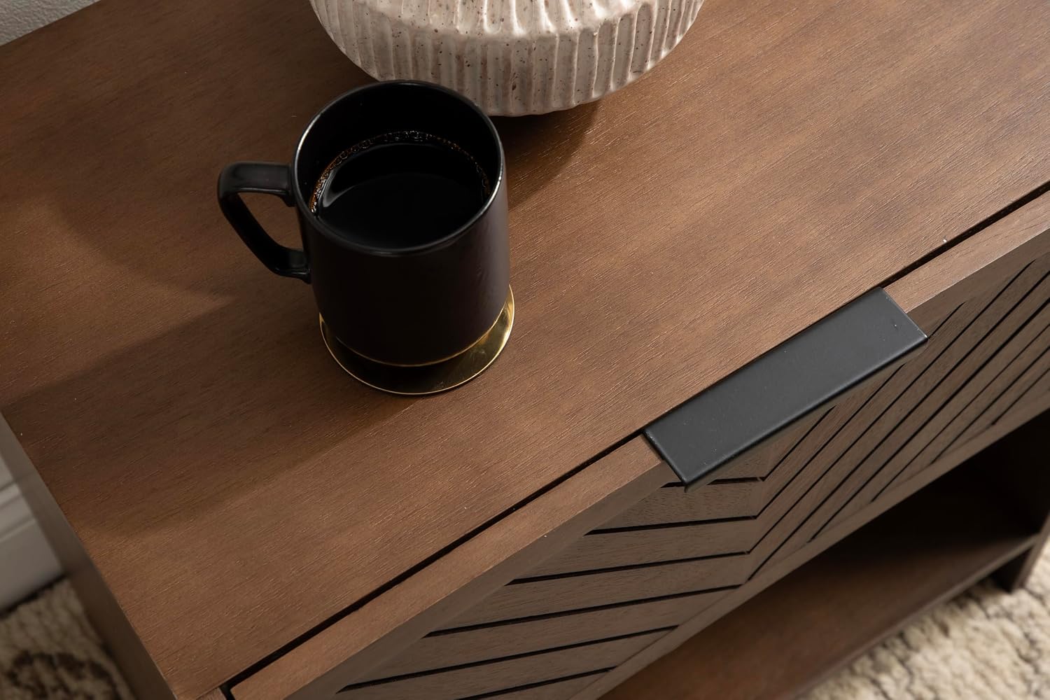 Kate and Laurel Mezzeta Modern Slatted Wood Side Table with Storage, 22 x 14 x 22, Natural Wood, Transitional Chevron Mango Wood End Table with Bonus Shelf Below for Bedroom Nightstand