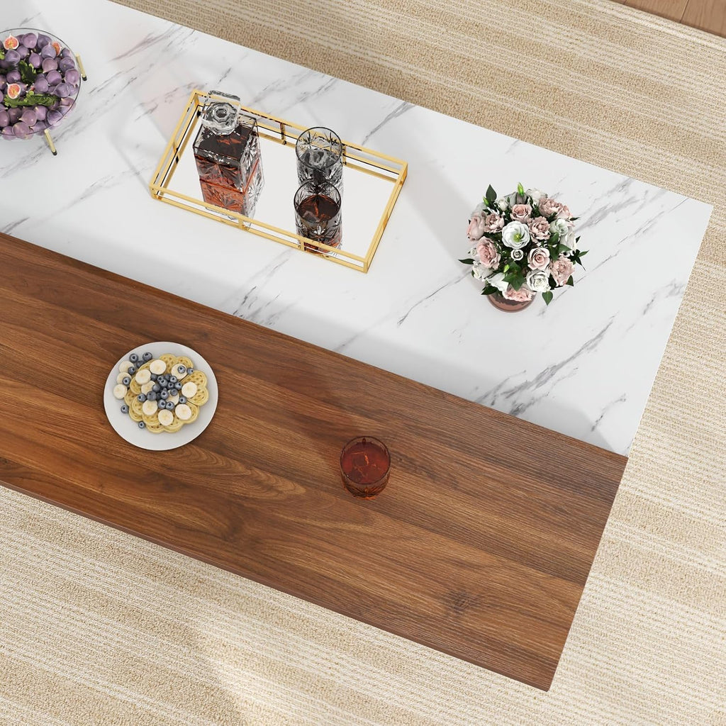 Gyfimoie 71" Large Imitation Marble Bar Table,Island Table with LED Lights | Mordern Marble Stripes Dining Table with Grille Design for Home Kitchen, Living Room, Balcony, Basement (White+Brown)