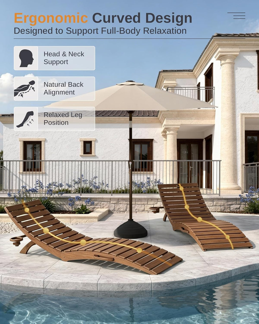 AreShark HDPE Pool Chaise Lounge Chairs Set of 2 up to 8-Inches of Water, Pre-Assembled Folding Outdoor Lounge Chairs with Cup Holders, for Hotel, Resort, Poolside, Sun Decks -Teak Color
