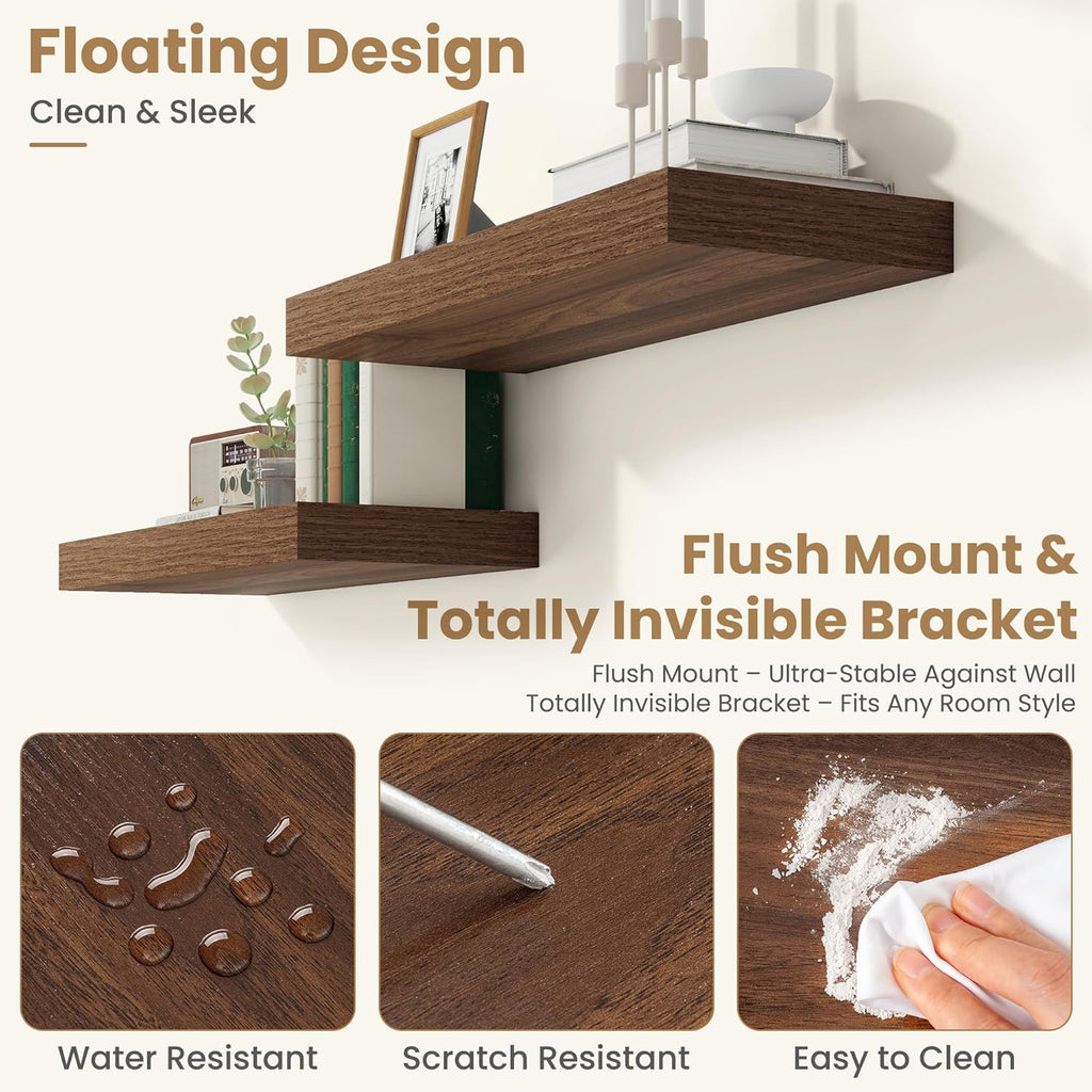 FLYJOE 36 Inch Long Floating Shelves for Wall Set of 1, 12" D Wood Grain Bathroom Shelves with Invisible Brackets, Easy Install Engineered Wood Storage Shelves for Kitchen, Living Room, Bedroom