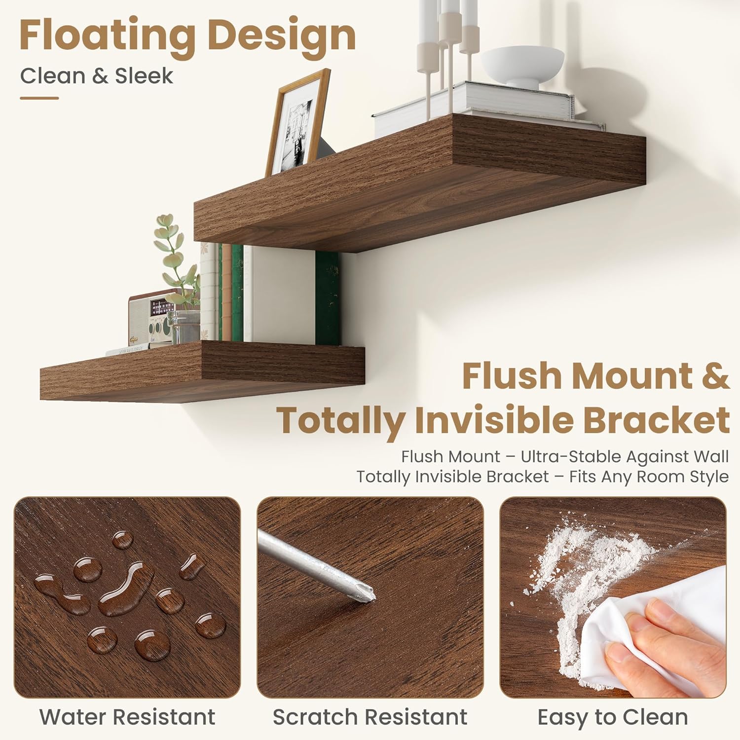 FLYJOE 36 Inch Long Floating Shelves for Wall Set of 1, 12" D Wood Grain Bathroom Shelves with Invisible Brackets, Easy Install Engineered Wood Storage Shelves for Kitchen, Living Room, Bedroom