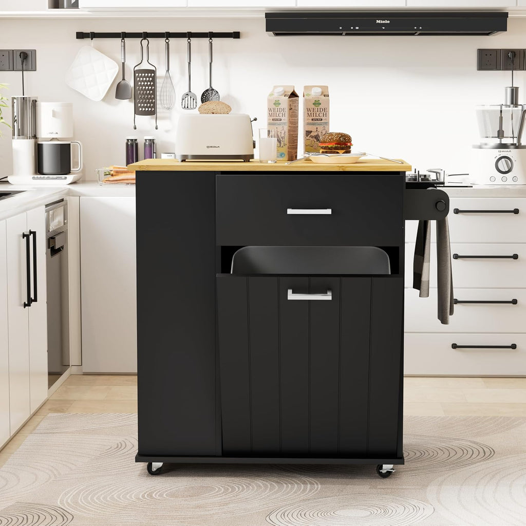HQZX Rolling Kitchen Island with Trash Can Storage, Black | Portable & Movable & Lockable Wheels, Towel Rack & Spice Rack, Tilt Out Trash Can Cabinet with Drawer, Mobile Island Cart