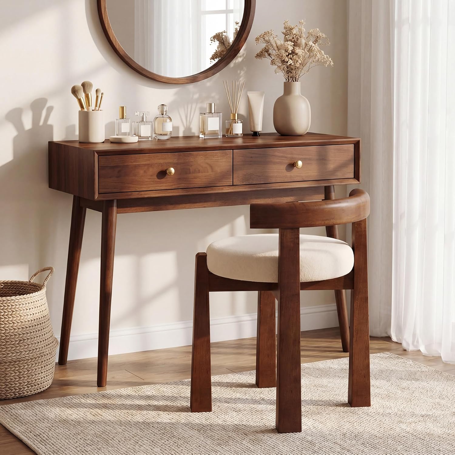 Wood Vanity Stool with Faux Wool Cushion, Upholstered Makeup Chair with Solid Wood Frame, Round Vanity Ottoman Seat for Makeup, Bedroom, Living Room, 20-Minute Assembly (Only Stool)