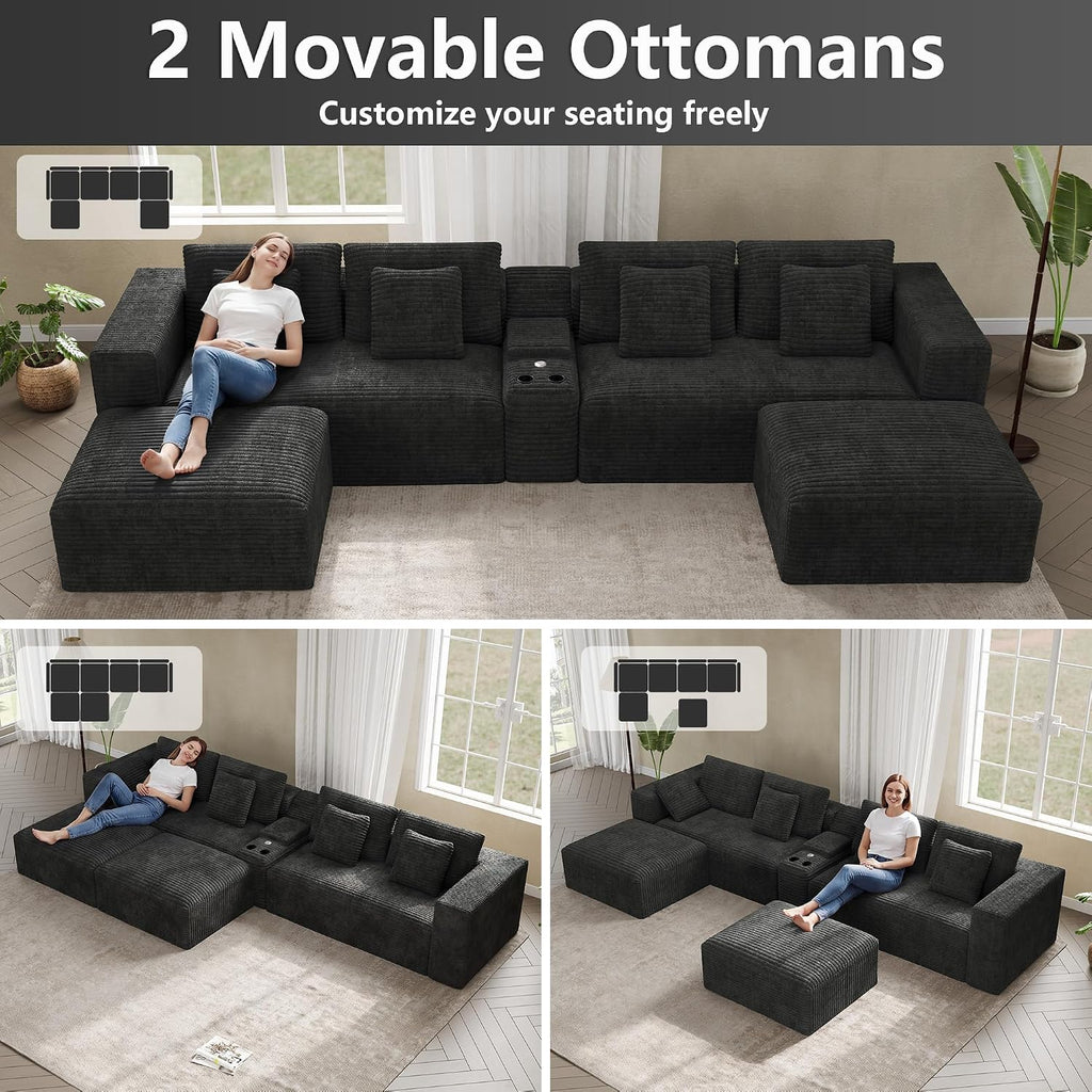 151" U Shaped Cloud Sectional Couch Modular Sofa, Comfy Oversized Boneless Couches for Living Room, Plush Corduroy Sectional Sofa Set with Ottoman Storage Console USB, Olive Dark Gray