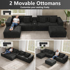 151" U Shaped Cloud Sectional Couch Modular Sofa, Comfy Oversized Boneless Couches for Living Room, Plush Corduroy Sectional Sofa Set with Ottoman Storage Console USB, Olive Dark Gray