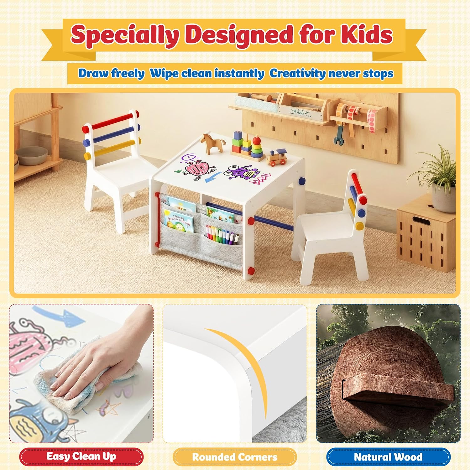 DOREROOM Wooden Kids Table and Chairs Set – 4-in-1 Activity Table with Removable Storage & Washable Graffiti Desktop for Drawing/Crafts/Arts/Reading, Toddler Desk for Home, Playroom, Ages 3+, White