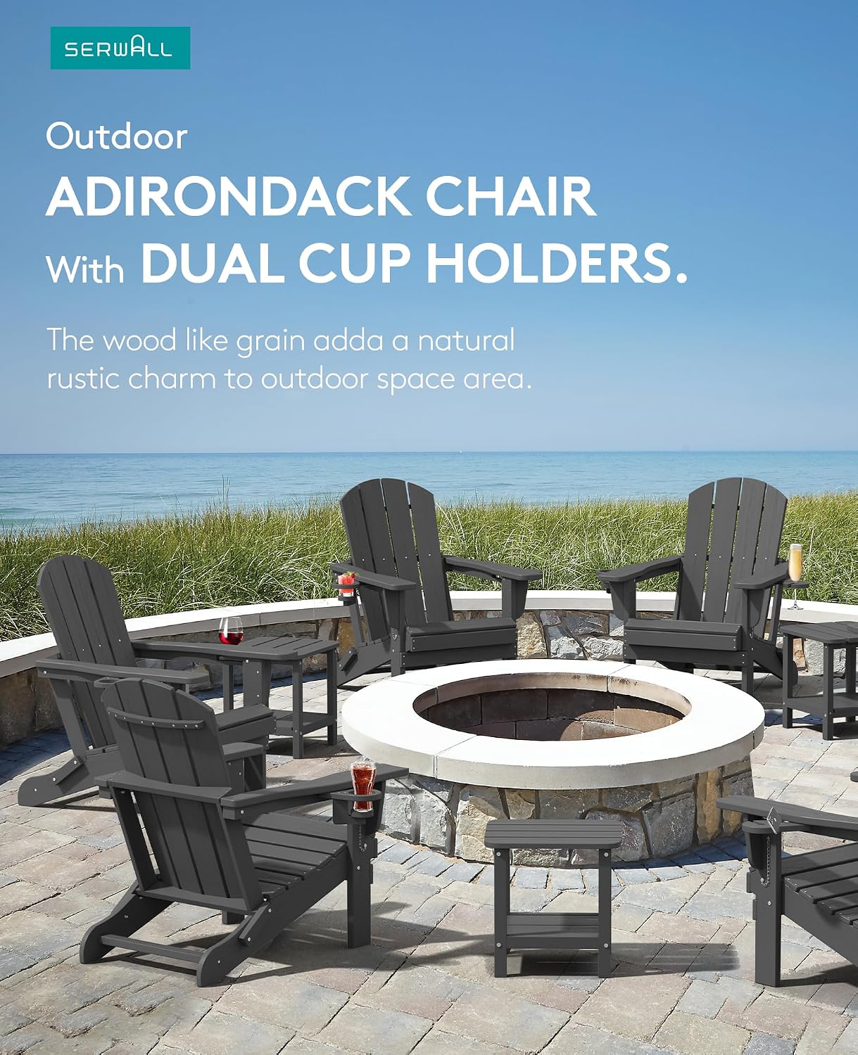 SERWALL Folding Gray Adirondack Chair Set of 4 with Memory Foam Cushions