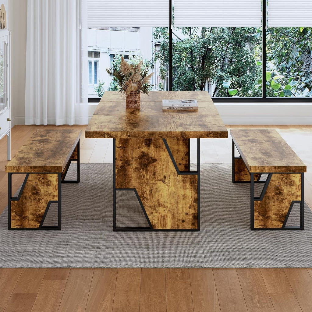 HIPIHOM 70.8" Wooden Dining Table with 2 Benches, Modern Kitchen Table and Chairs Set for 4-6 Person, Thickened MDF Wooden Table with Dining Bench for Living Dining Room, Kitchen, Office