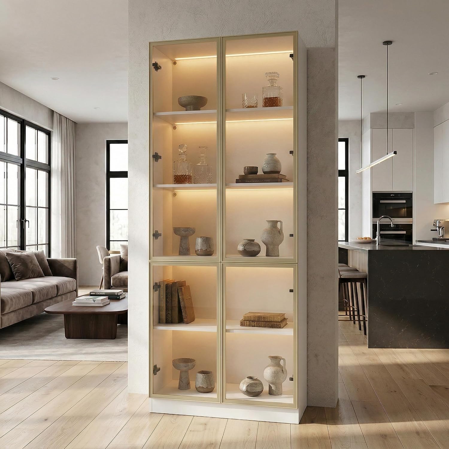 78.7" H Kitchen Pantry Storage Cabinet with Light, Food Pantries Cabinets with Glass Doors and Light in 3-Color Mode, Storage Cupboard Display Cabinet for Kitchen Dinning Room, White