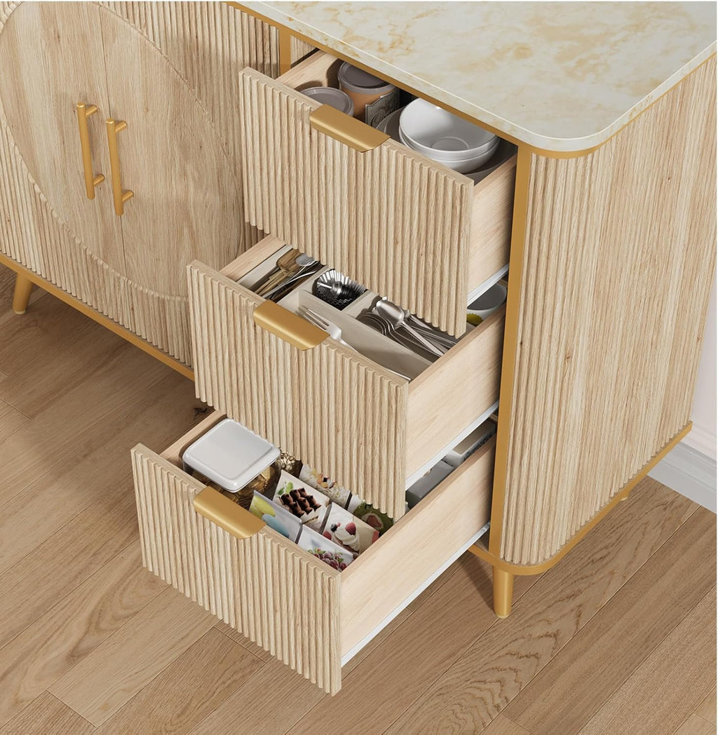 47.3" Modern Buffet Cabinet with Storage, Kitchen Sideboard Buffet with 2 Door & 3 Drawers, Fluted Caffee Bar Storage Cabinet for Dining Room, Living Room, Entryway, Natural Oak