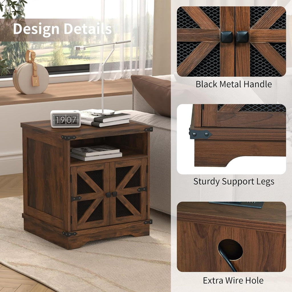 Farmhouse End Table with Mesh Barn Door,24" Large Sofa Side Table with Adjustable Storage Shelf, Nightstand with Outlet,Storage Cabinet and Water-Resistant Finish for Living Room, Bedroom, Brown