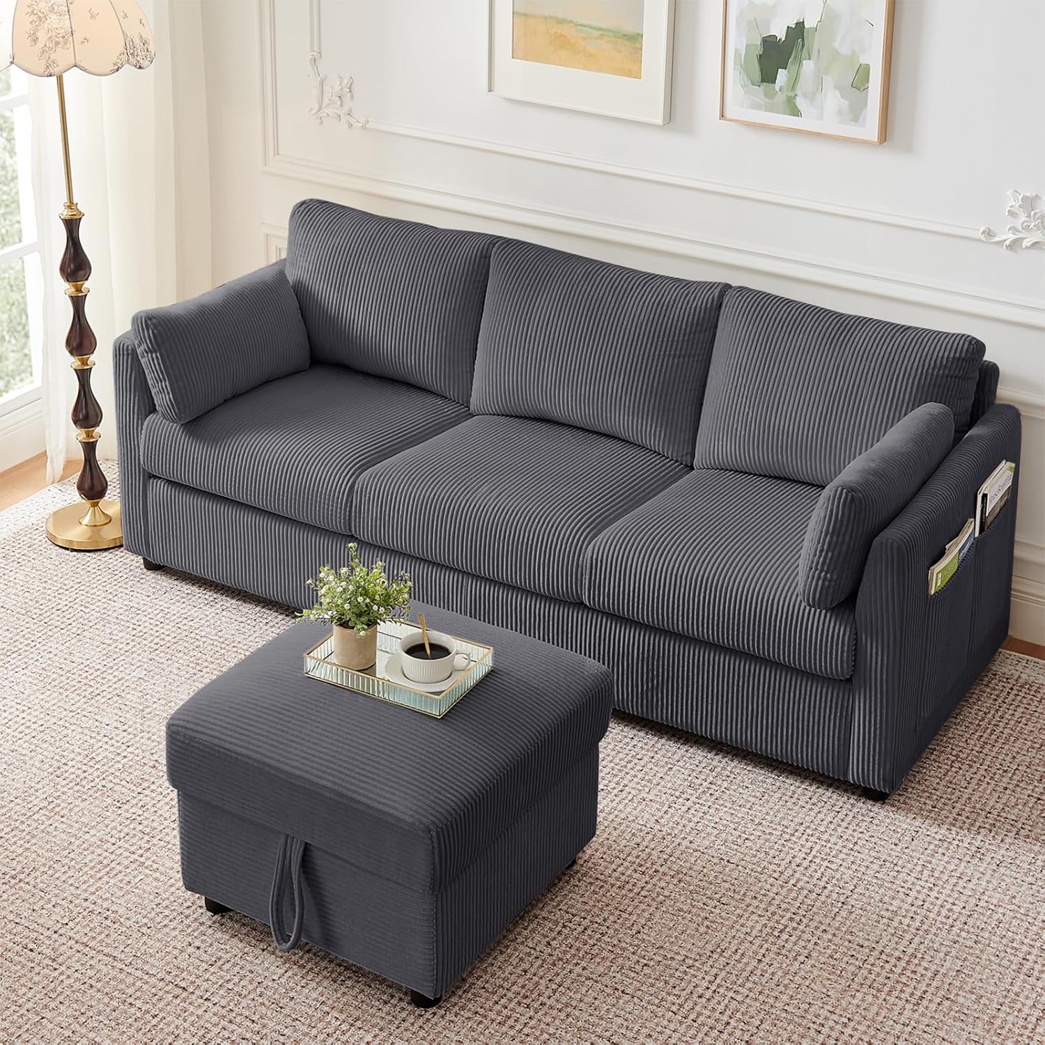 Corduroy Storage Ottoman for Living Room Sofas Couches, Square Ottoman with Storage Space Foot Rest Stool for Apartment, Dorm, Entryway, Grey