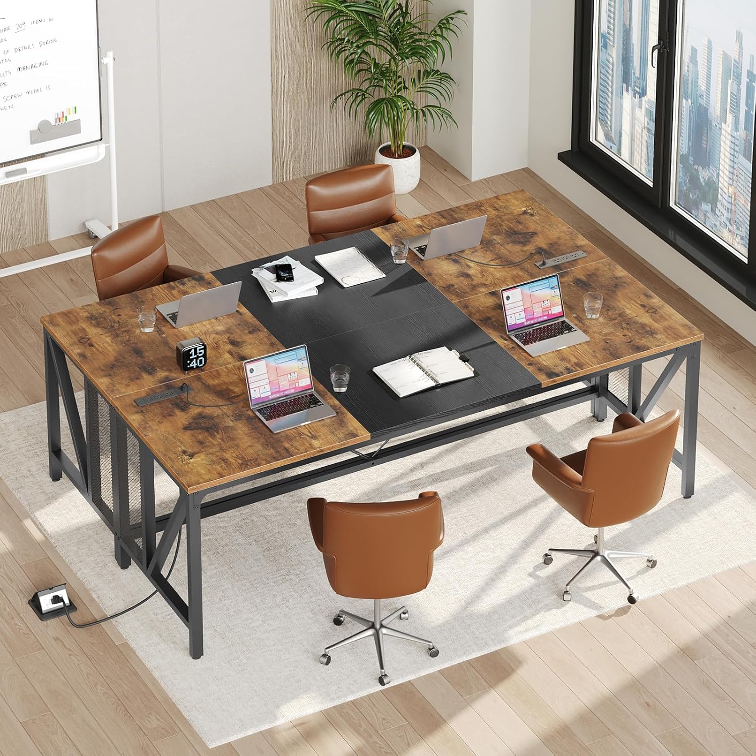 YATINEY 70.9" Computer Desk with Power Outlets, Gaming Desk, Large Office Executive Desk Workstation, Business Furniture for Home Office, Study, Rustic Brown and Black DN18UBR