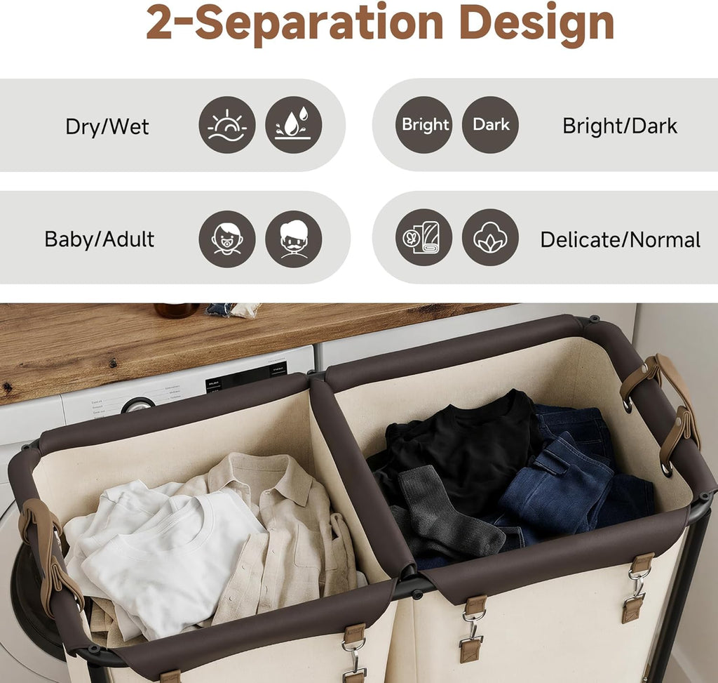 StorageWorks 280L Large Laundry Hamper with Wheels, Laundry Basket with Wheels 2 Sections, Clothes Sorter Cart with Divider for Hotel, Home, Beige, 1-Pack