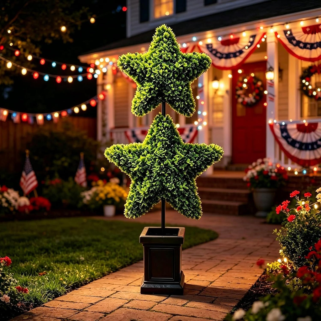 Patriotic Star Topiary Tree, Two Star Artificial Boxwood Topiary Tree, Indoor Outdoor Patriotic Star Shaped Artificial Plant Decor for 4th of July Indoor Outdoor Memorial Day Centerpiece (Green)