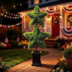 Patriotic Star Topiary Tree, Two Star Artificial Boxwood Topiary Tree, Indoor Outdoor Patriotic Star Shaped Artificial Plant Decor for 4th of July Indoor Outdoor Memorial Day Centerpiece (Green)