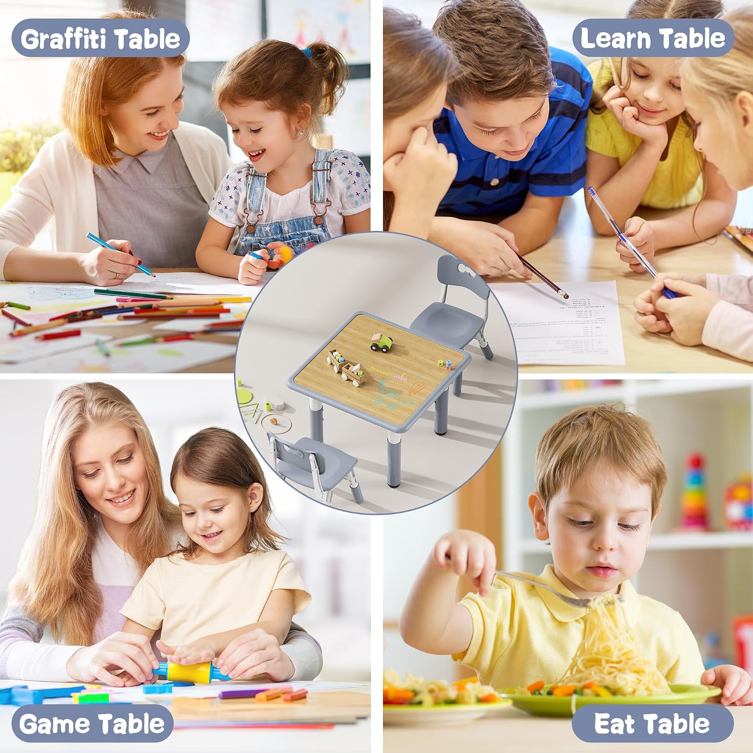 Brelley Kids Table and 2 Chairs Set, Height Adjustable Toddler Desk and Chair Set, Graffiti Desktop, Classroom/Daycare/Home, Children Multi-Activity Table for Ages 3-8