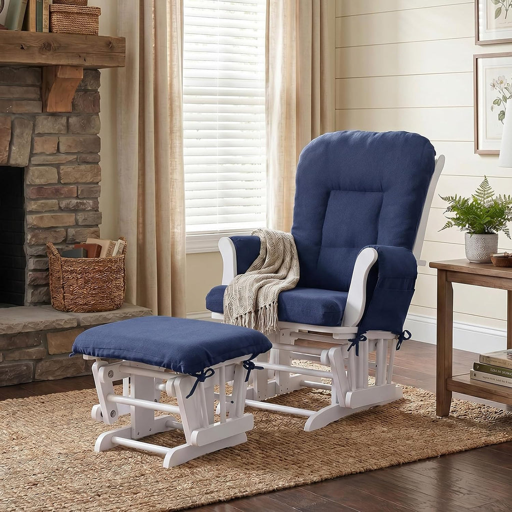 ANMINY 5pcs Glider Rocker Replacement Cushions Set - Thickened Glider Rocking Chair Cushions with 29.5 inch High Backrest & Side Pockets for Indoor Nursery, Washable & Non Slip, Blue