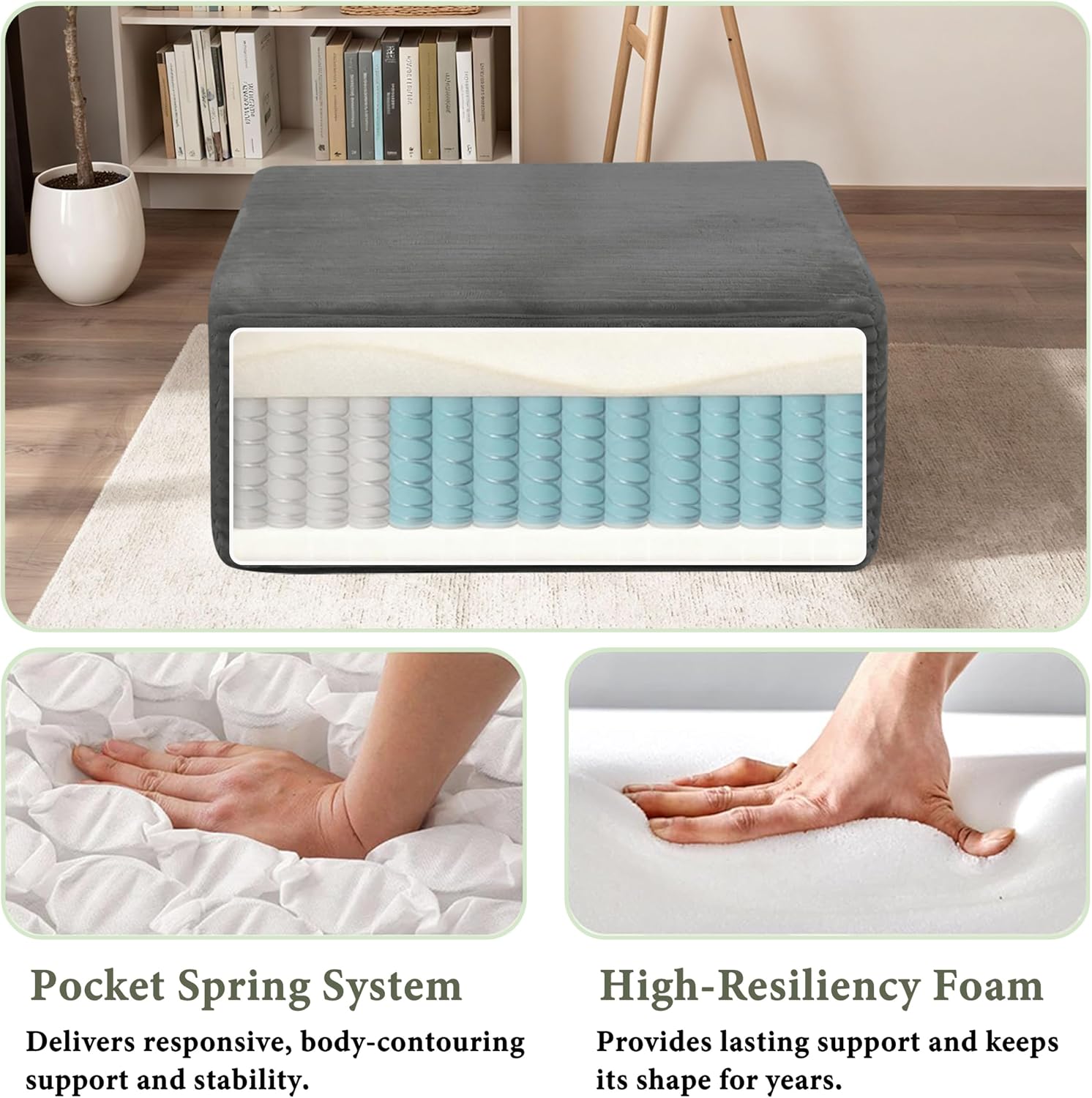 POEM PANDA 37" Modular Boneless Ottomans for Living Room, Grey Soft Plush Corduroy Small Ottoman Foot Stool, Multi-Use Otoman Foot Rest for Couch & Bedroom Ottoman Seat.