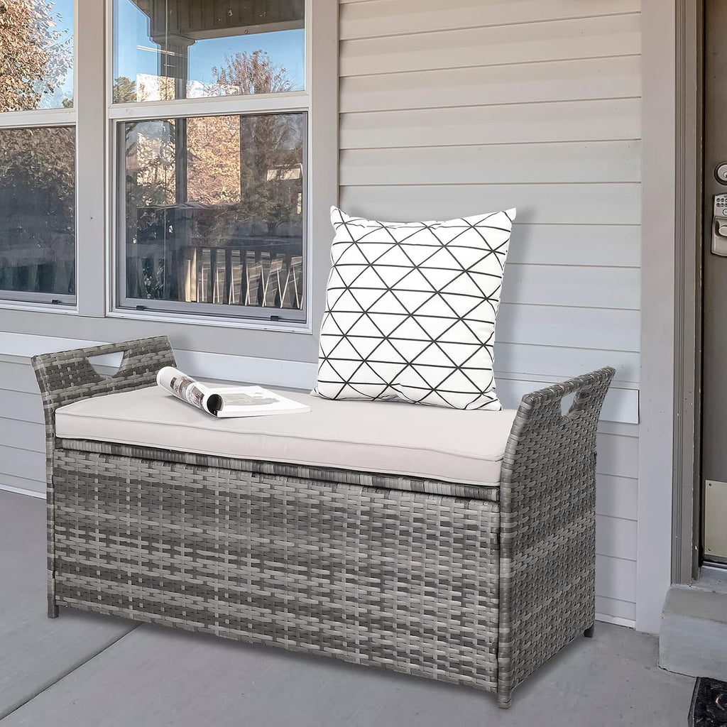 Wicker Outdoor Storage Bench,33 Gallon Rattan Deck Box with Side Handles & Soft Cushion,Patio Bench with Storage,Outdoor Furniture for Pillows,Garden Tools,Pool Accessories,Sports Equipment (Gray)