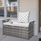 Wicker Outdoor Storage Bench,33 Gallon Rattan Deck Box with Side Handles & Soft Cushion,Patio Bench with Storage,Outdoor Furniture for Pillows,Garden Tools,Pool Accessories,Sports Equipment (Gray)