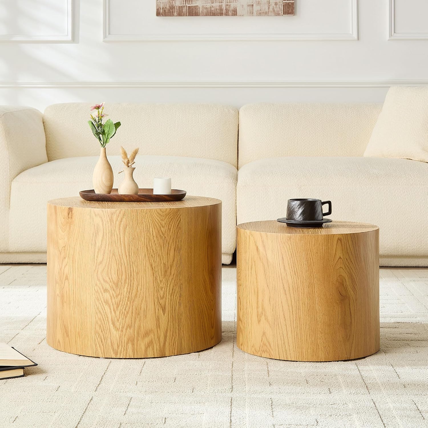 WILLIAMSPACE Nesting Coffee Table Set of 2, Round Wooden Coffee Tables Modern Circle Table for Small Space Living Room Bedroom Accent End Side Table (Wooden Color-Round)