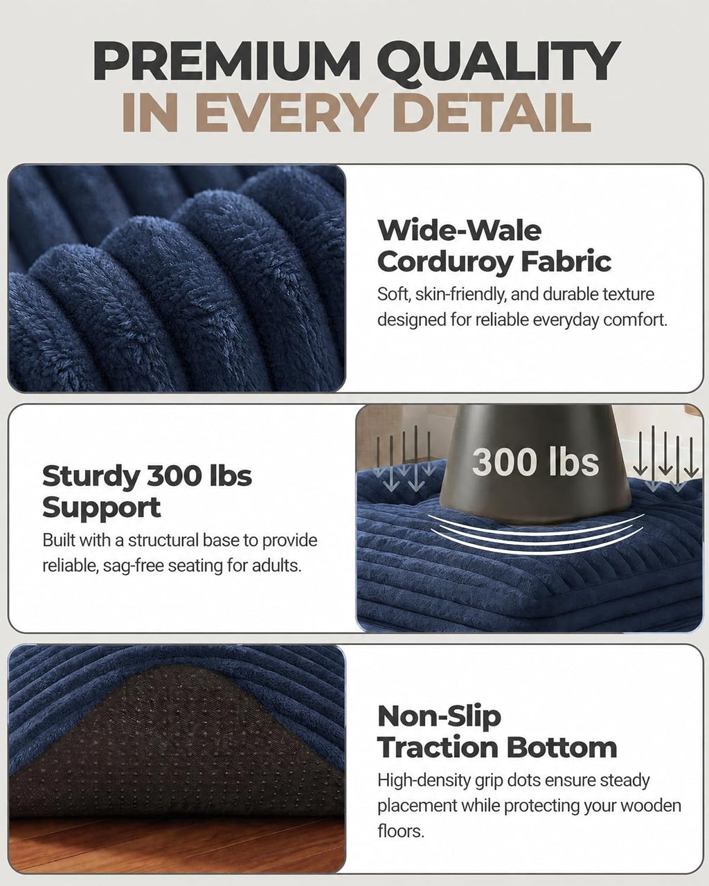 23.6in Pouf Ottoman, Corduroy Ottoman Foot Rest with Dual‑Layer Support, Large Poofy Pouf with Soft Chunk‑Foam Top & Firm Foam Base, Floor Foot Stool for Living Room, Blue