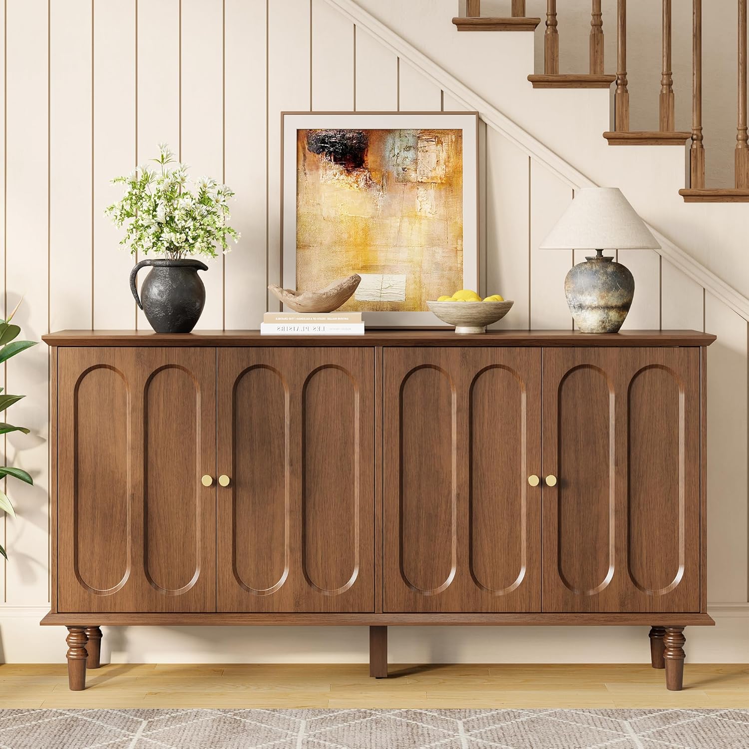 ONBRILL 63 Inch Buffet Cabinet with Storage, Arched Sideboard Cabinet with 4 Doors and Adjustable Shelves, Wooden Coffee Bar for Kitchen, Living Room, Entryway,Walnut