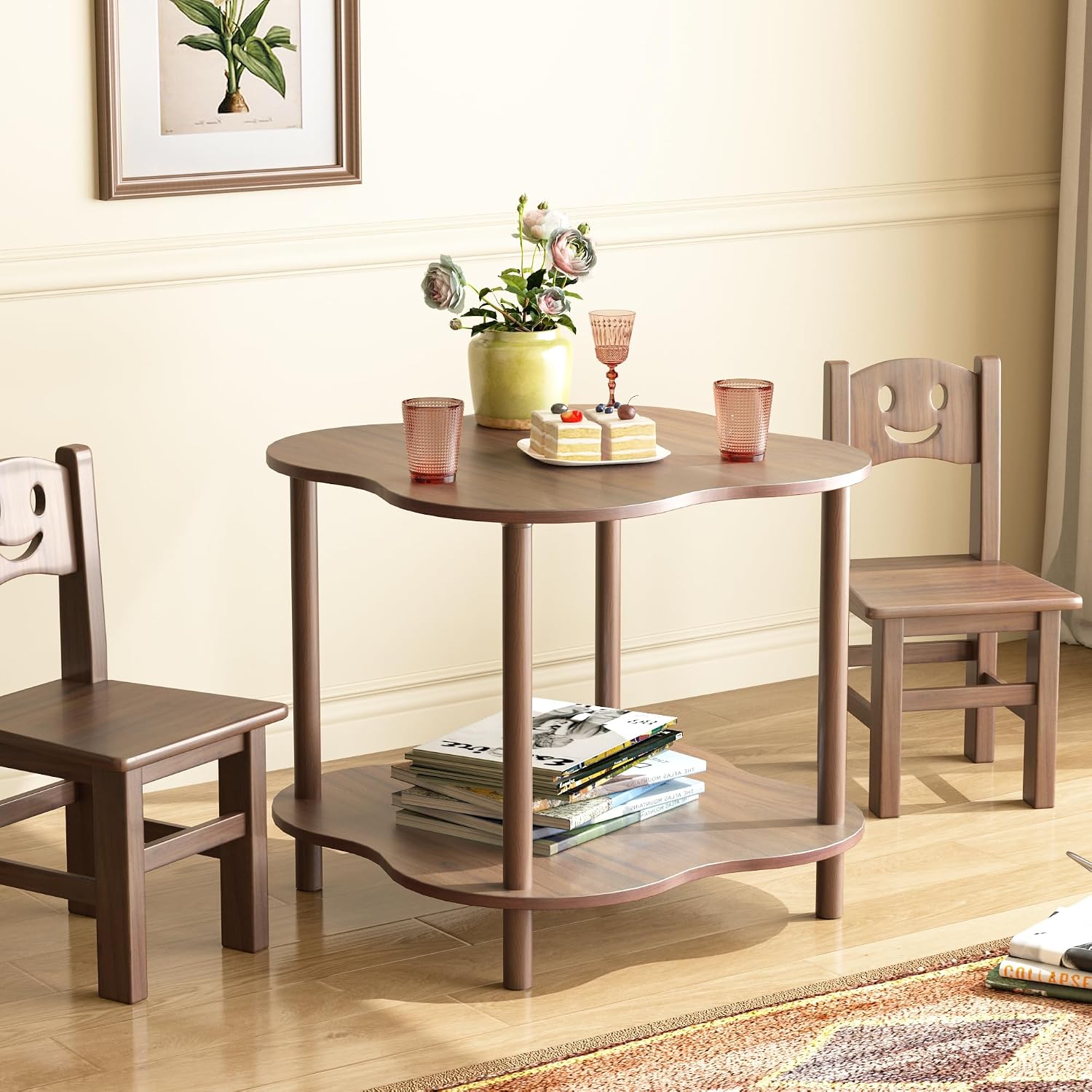 Flower Shape End Table - 2-Tier Walnut Wood Color Coffee Tables, Modern Wooden Sofa Side Table Open Storage, Easy Assembly Tea Table for Living Room Home Cafe, 23.6’’W x23.6’’Dx20.9’’H