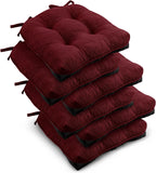 downluxe Indoor Chair Cushions for Dining Chairs, Tufted Overstuffed Textured Kitchen Chair Pads with Ties and Non-Slip Backing, 15.5" x 15.5" x 4", Burgundy, 6 Pack