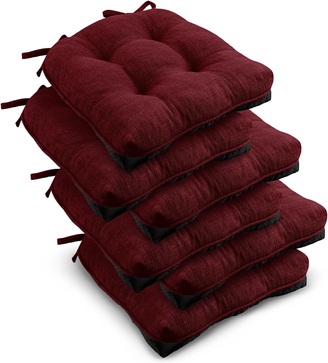 downluxe Indoor Chair Cushions for Dining Chairs, Tufted Overstuffed Textured Kitchen Chair Pads with Ties and Non-Slip Backing, 15.5" x 15.5" x 4", Burgundy, 6 Pack