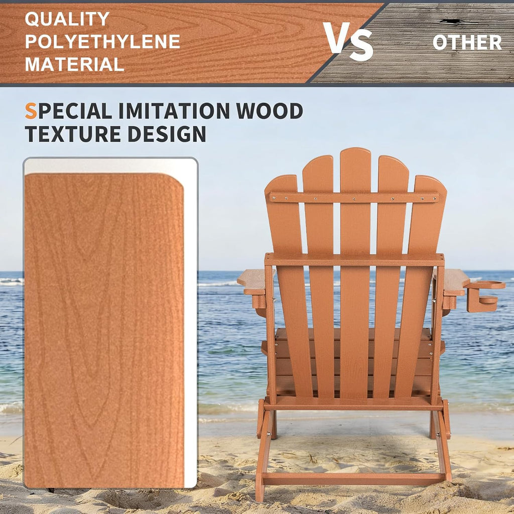 FUNBERRY Folding Adirondack Chair Set of 4, Fire Pit Chairs with Cup Holder | Wood-Grain, HDPE All Weather, Quick-Folding, No Rot, UV Fade Shield, 400LBS Weight Capacity, Easy-Clean for Outside