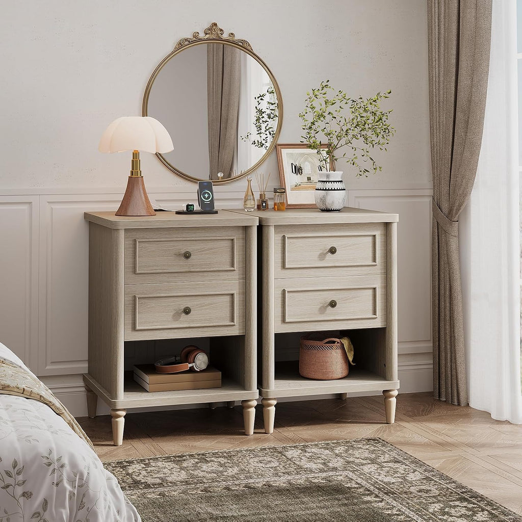 Bestier Night Stand with Charging Station, 26.7" H Farmhouse Nightstand with 2 Drawers & Open Shelf, Solid Wood Nightstand with AC Outlets, USB & USB-C Ports, Bed End Tables for Bedroom, Cream Oak