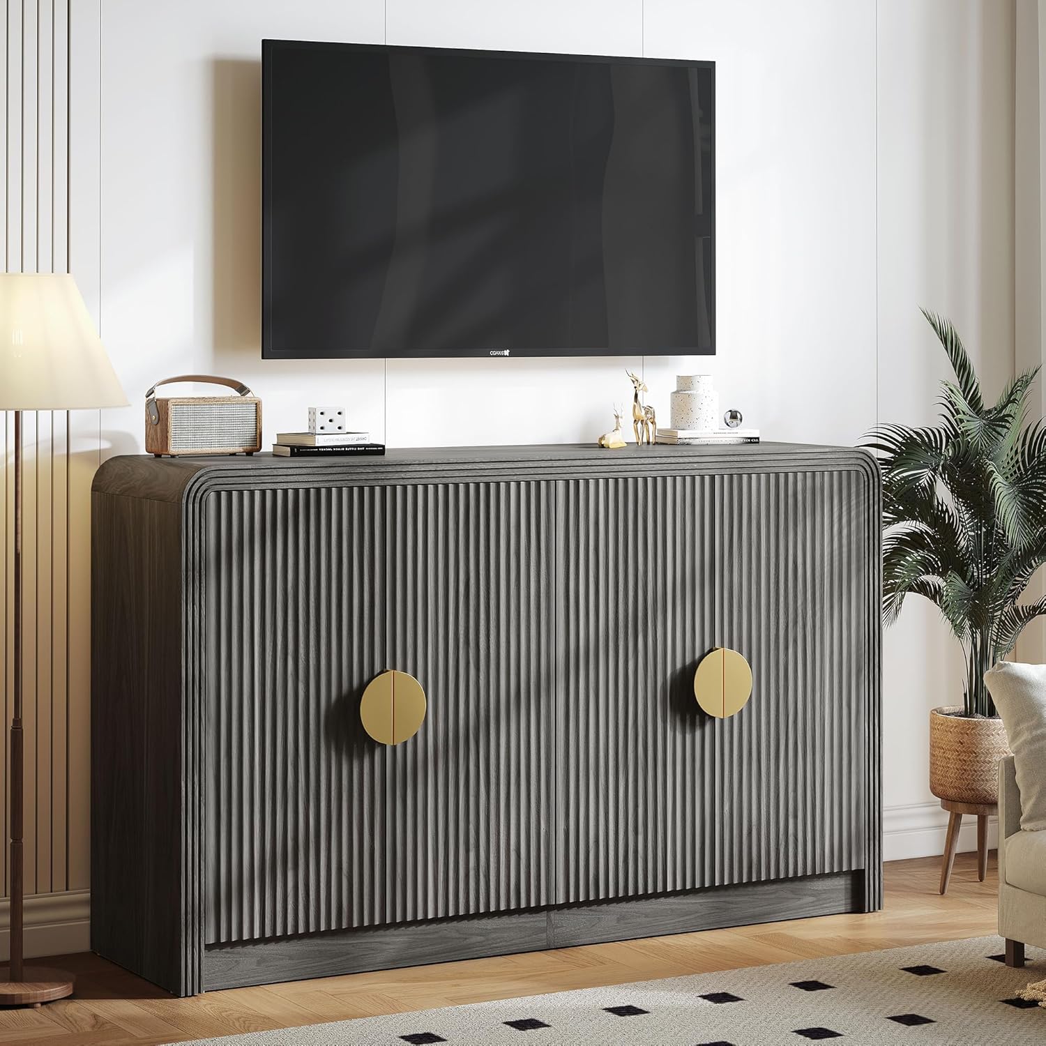 Decofy 55" Buffet Sideboard Cabinet, Modern Mid Century Console Cabinet with Adjustable Shelves & Wavy Grain Doors for Kitchen Cabinets, Living Room, Entryway, Coffee Bar Cabinet (Black Walnut)