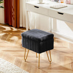 DUMOS Vanity Stool Chair, Ottoman with Storage, Makeup Cute Soft Small Footstool, Modern Style Faux Fur Seat with 4 Metal Legs & Adjustable Feet for Dressing, Living Room, Bedroom, Dorm, Black