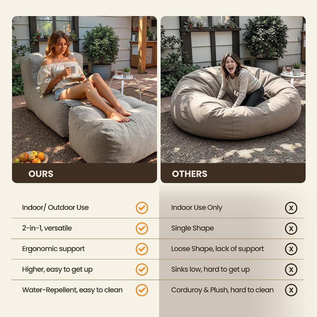 Outdoor Indoor Bean Bag Chair with Ottoman, 2-in-1 Lounge Beanbag with Filling, Water-Repellent Polyester Patio Sofa, Full-Body Ergonomic Support Floor Seating, Dark Gray
