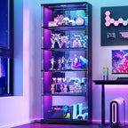 Dystler Glass Display Cabinet with Doors, 69" Tall RGB LED Curio Cabinet with 5-Tier Wooden Shelves for Collectibles, Lockable Display Case for Living Room (1, Black)