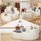 Round Chaise Lounge with Ottoman, Boneless Cloud Corduroy Curved Reading Lounge Sofa Chair with Cup Holders, Circle Memory Foam Chaise Chair and Ottoman Set for Study, Living Room, Sunroom, Beige