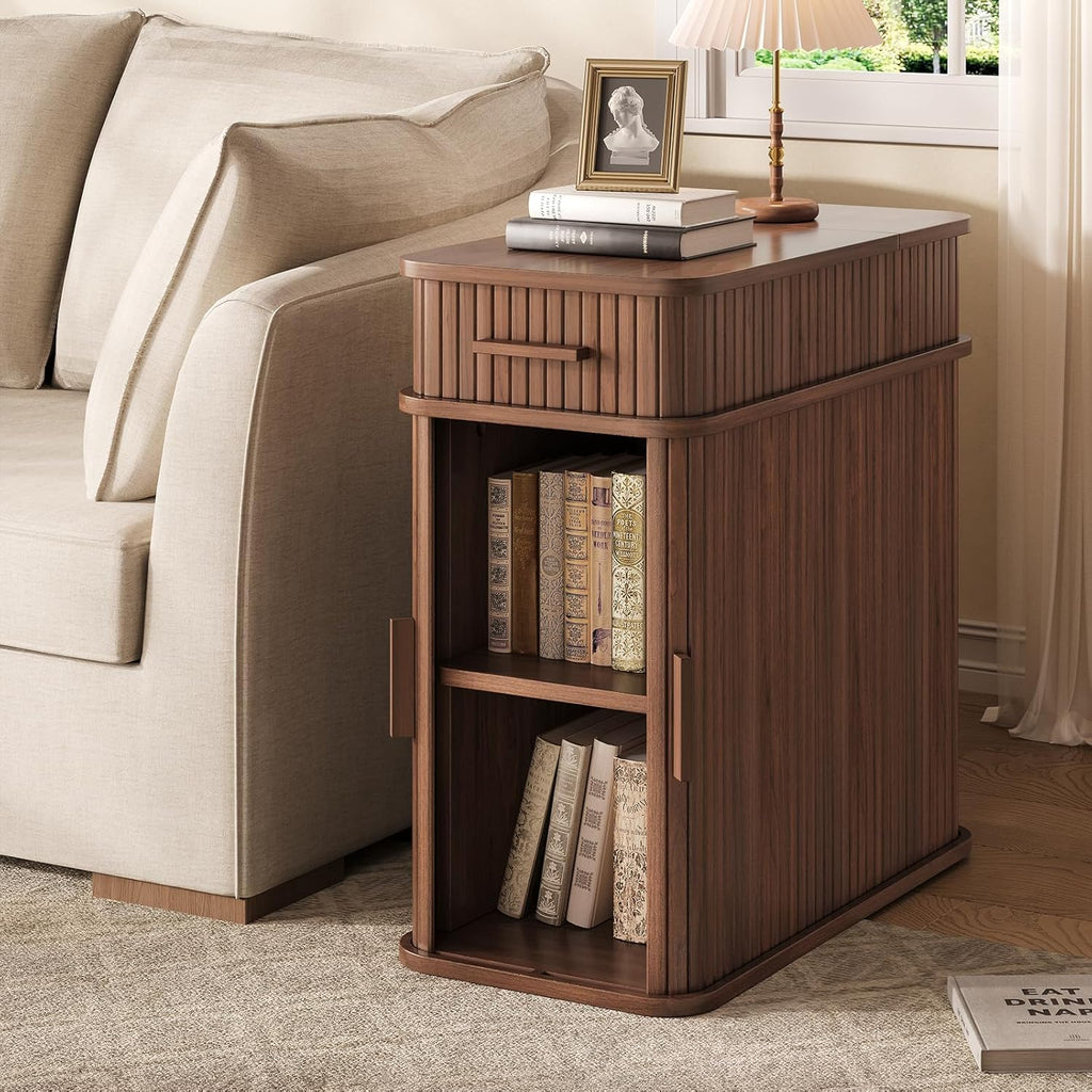 Fluted Narrow Side Table with Drawers, Mid Century Modern End Table with Charging Station, Small Couch Table for Living Room, Skinny Bedside Table Nightstand for Small Space Bedroom Walnut