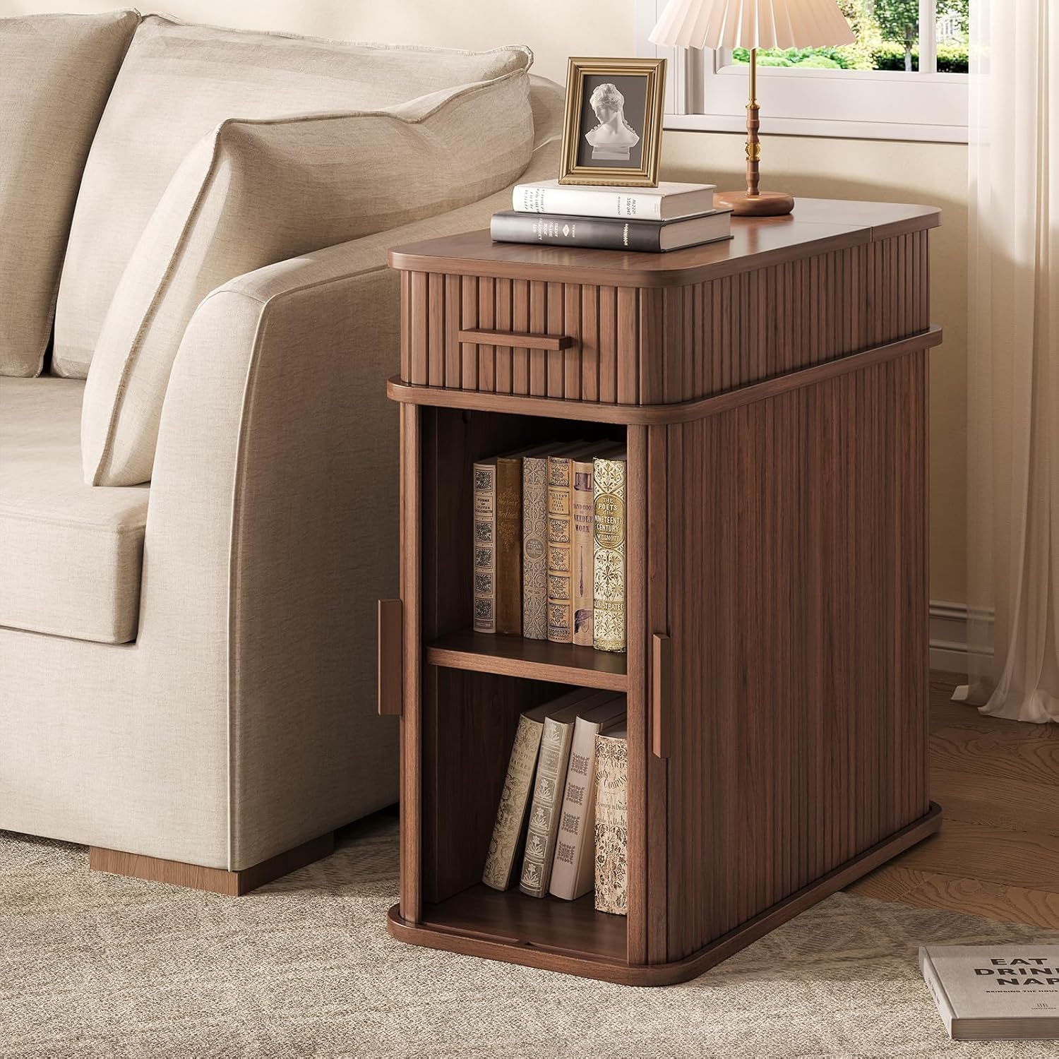 Fluted Narrow Side Table with Drawers, Mid Century Modern End Table with Charging Station, Small Couch Table for Living Room, Skinny Bedside Table Nightstand for Small Space Bedroom Walnut