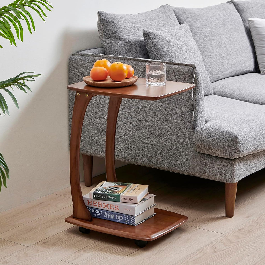 C-Shaped End Table with Wheels,Walnut Color(18.1" Dx13.7 W x24.8 H) | Rolling Side Table,C Table with Wheels,TV Tray Table,Couch Table that Slide Under for Living Room,Bedroom